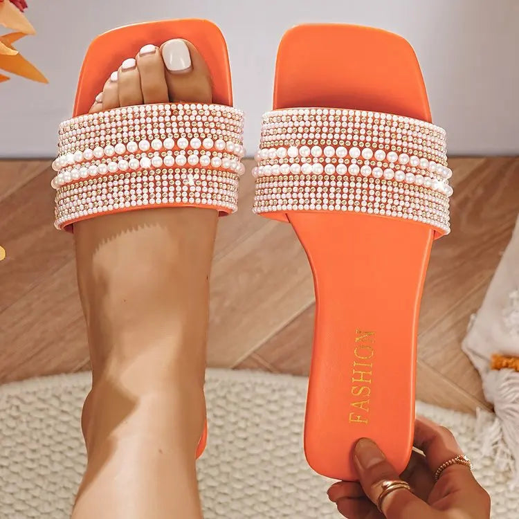 Beaded Rhinestone Square Toe Sandals