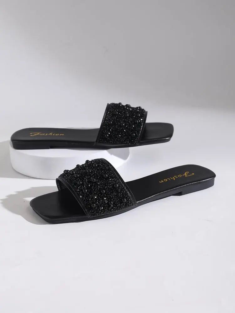 Black Beaded Flat Square Toe Sandals