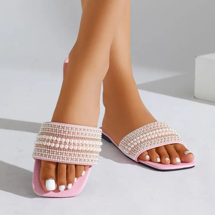Beaded Rhinestone Square Toe Sandals