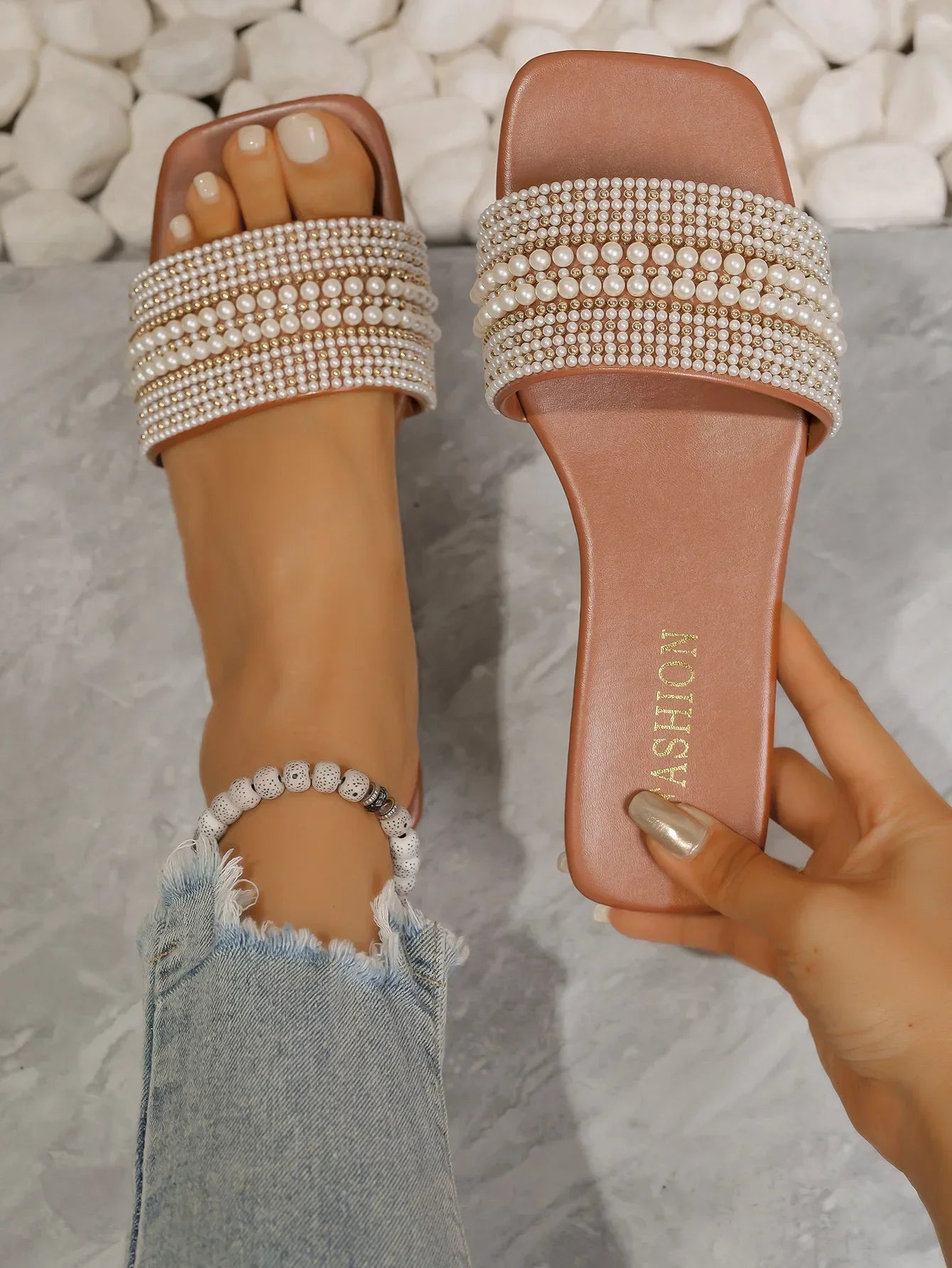 Beaded Rhinestone Square Toe Sandals