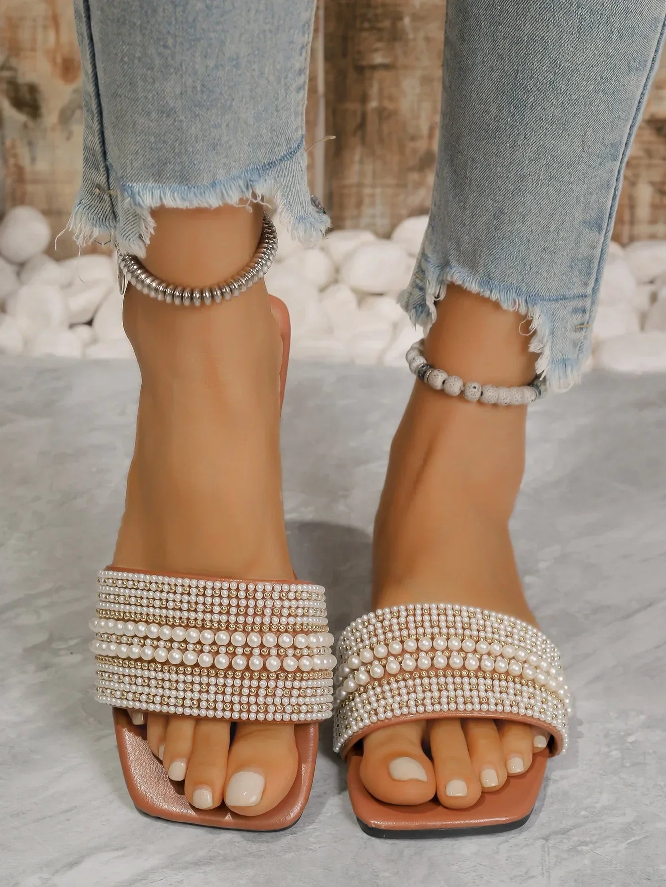 Beaded Rhinestone Square Toe Sandals