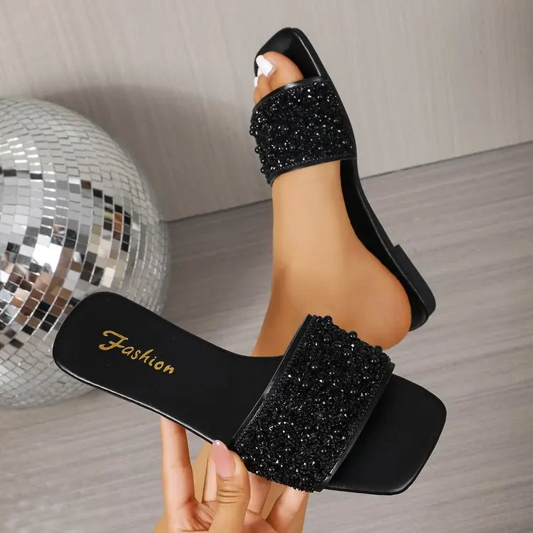 Black Beaded Flat Square Toe Sandals