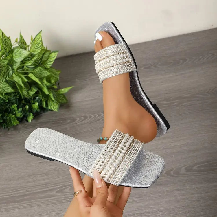 Beaded Rhinestone Square Toe Sandals