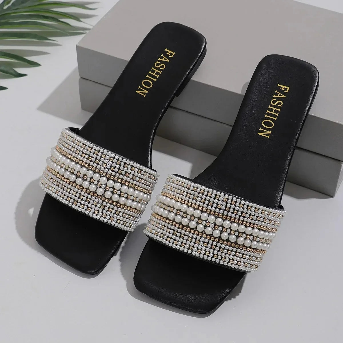 Beaded Rhinestone Square Toe Sandals