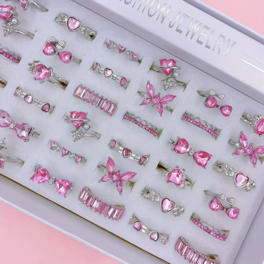 12Pc Pink Resizable Rings