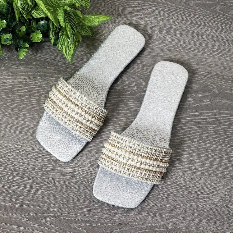 Beaded Rhinestone Square Toe Sandals