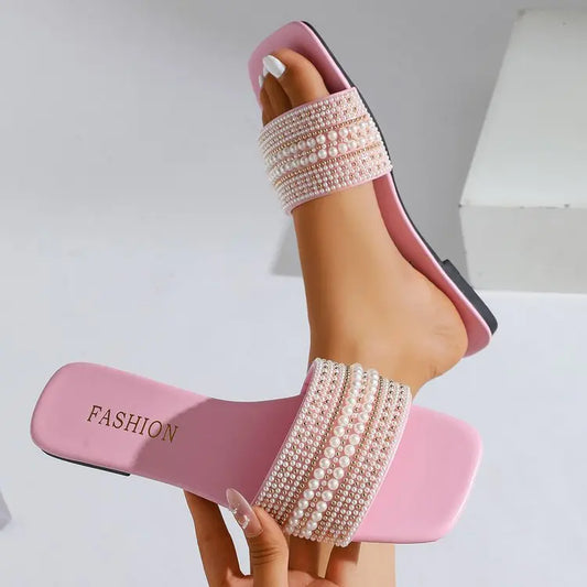 Beaded Rhinestone Square Toe Sandals