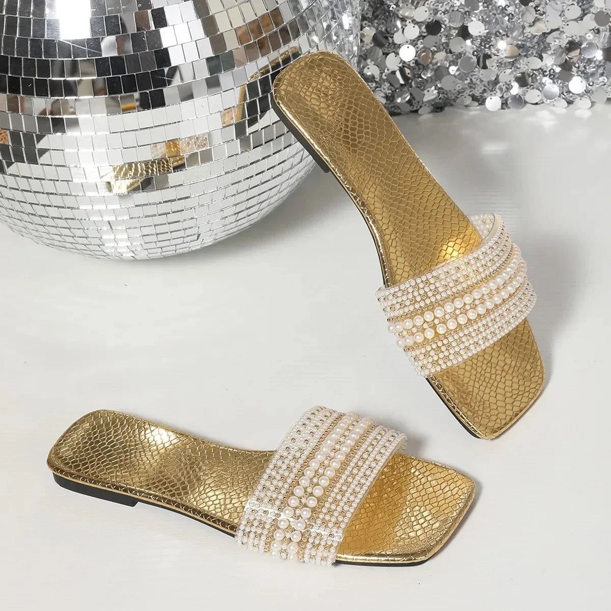 Beaded Rhinestone Square Toe Sandals