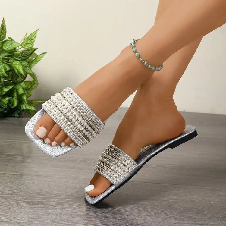 Beaded Rhinestone Square Toe Sandals