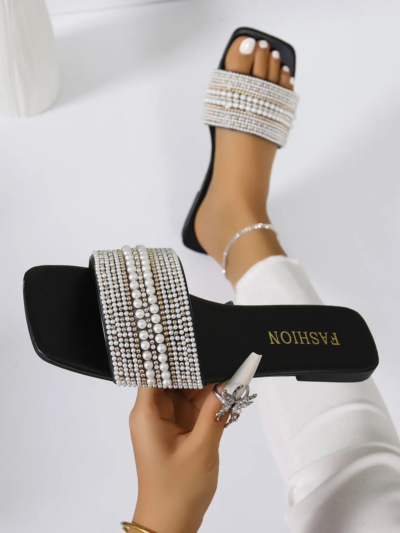 Beaded Rhinestone Square Toe Sandals