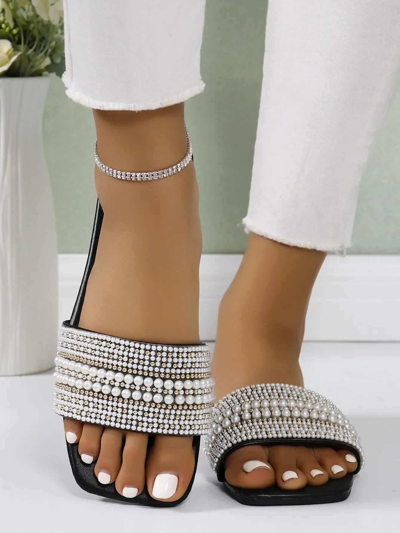Beaded Rhinestone Square Toe Sandals