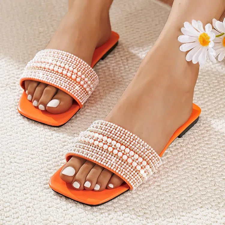 Beaded Rhinestone Square Toe Sandals