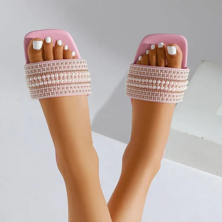 Beaded Rhinestone Square Toe Sandals