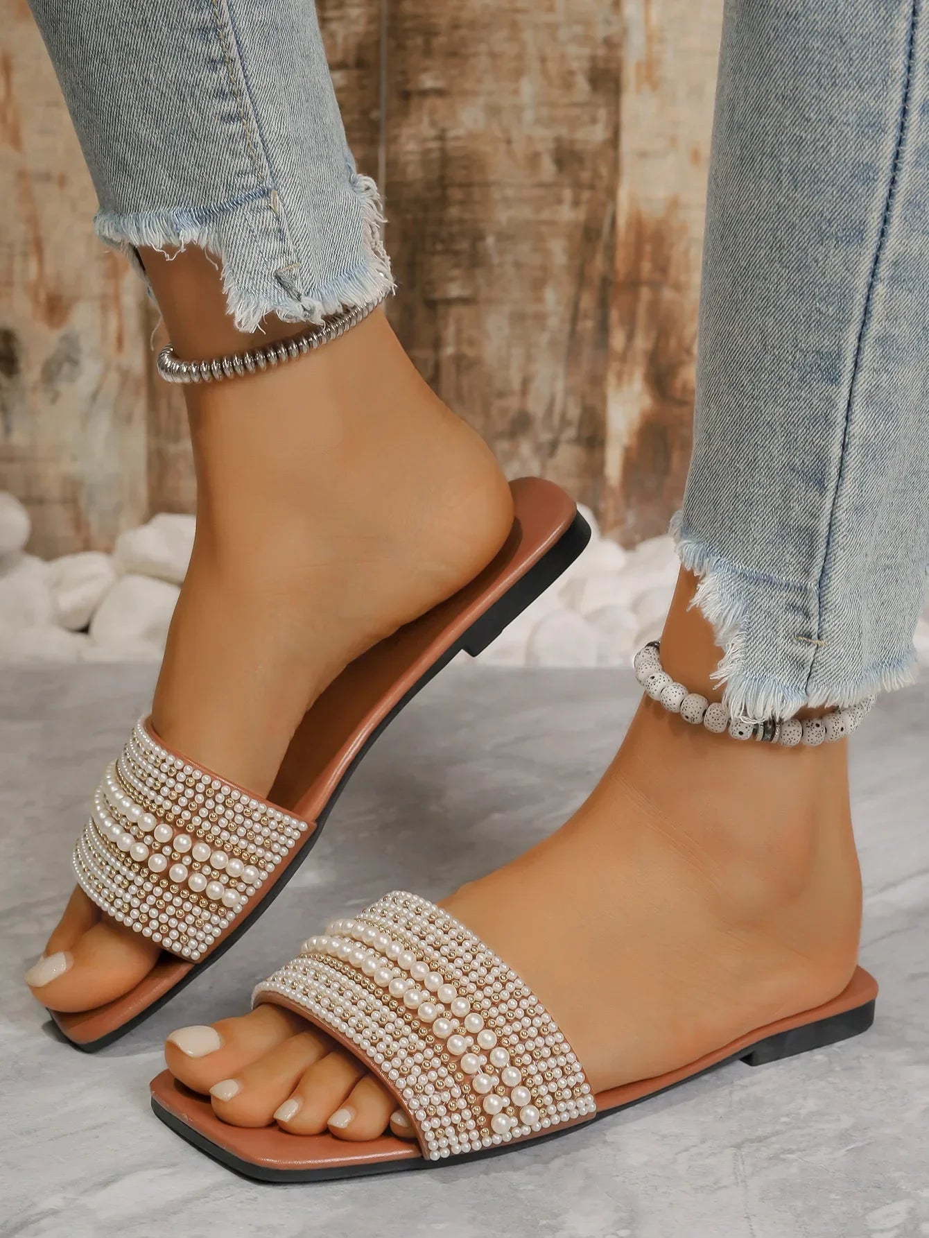 Beaded Rhinestone Square Toe Sandals