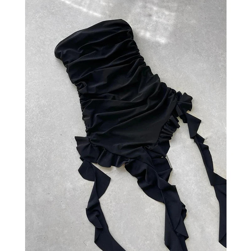 Strapless Floral Fold Hemline Mini Dress