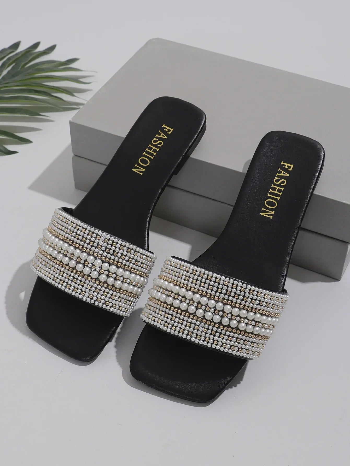 Beaded Rhinestone Square Toe Sandals