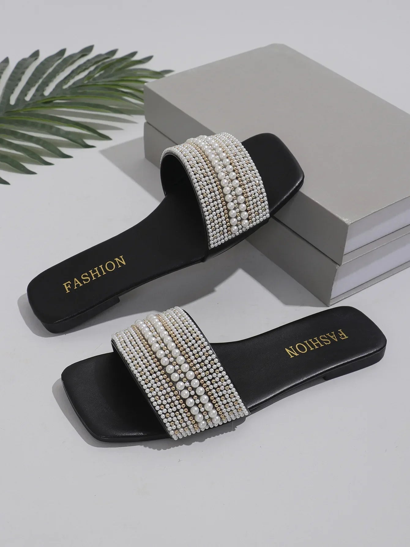 Beaded Rhinestone Square Toe Sandals