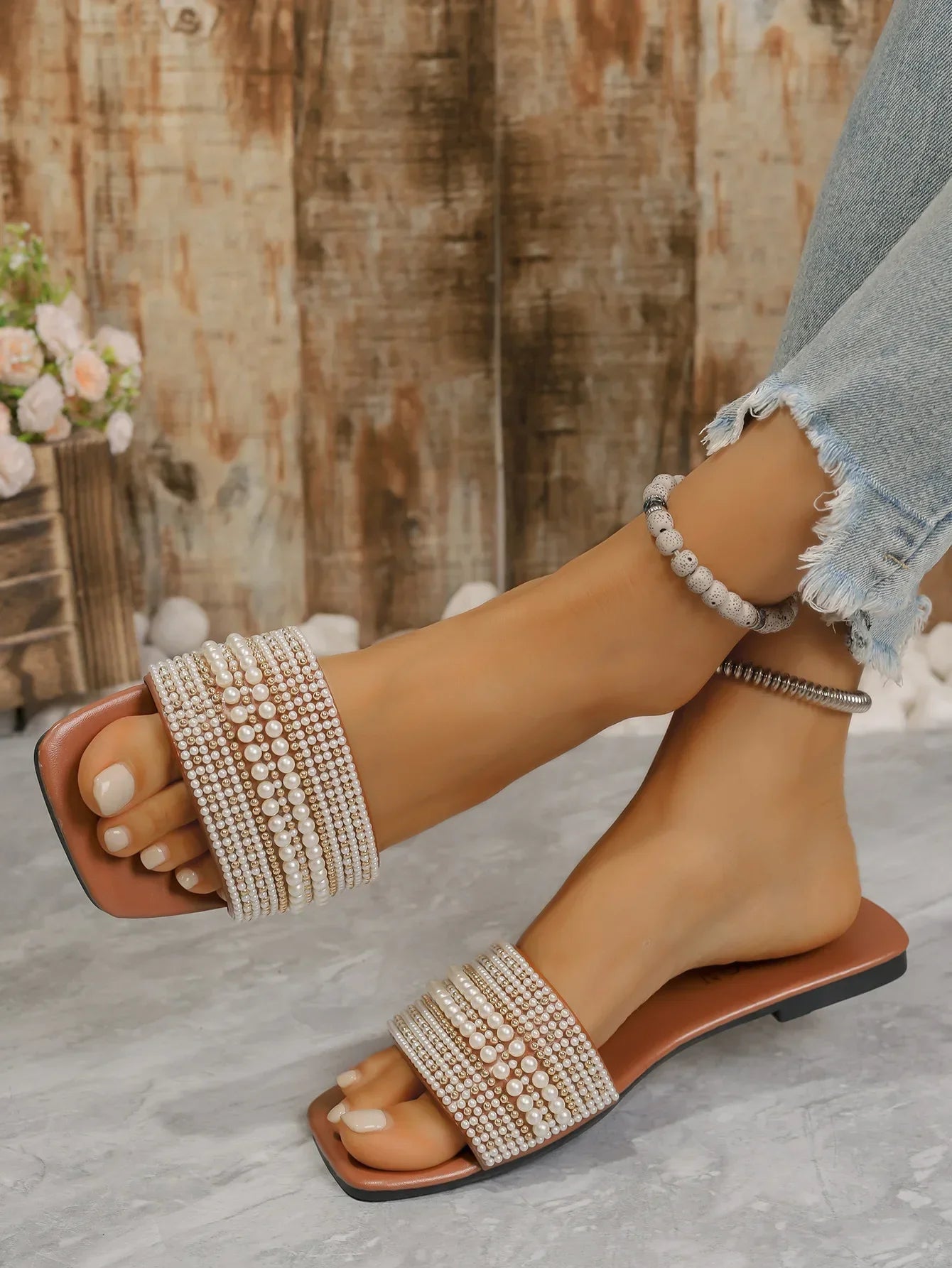 Beaded Rhinestone Square Toe Sandals