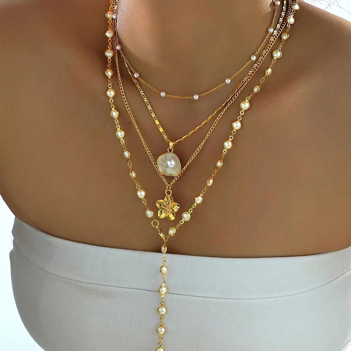 Stacked Pearl Floral Necklaces