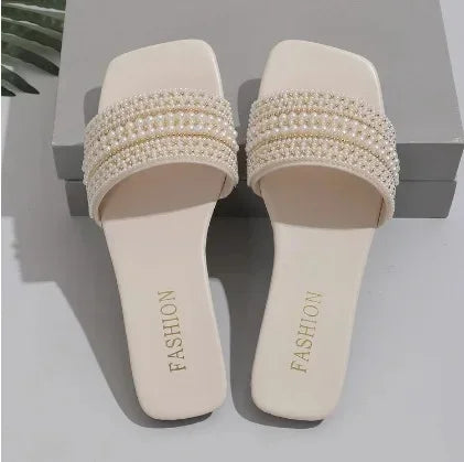 Beaded Rhinestone Square Toe Sandals