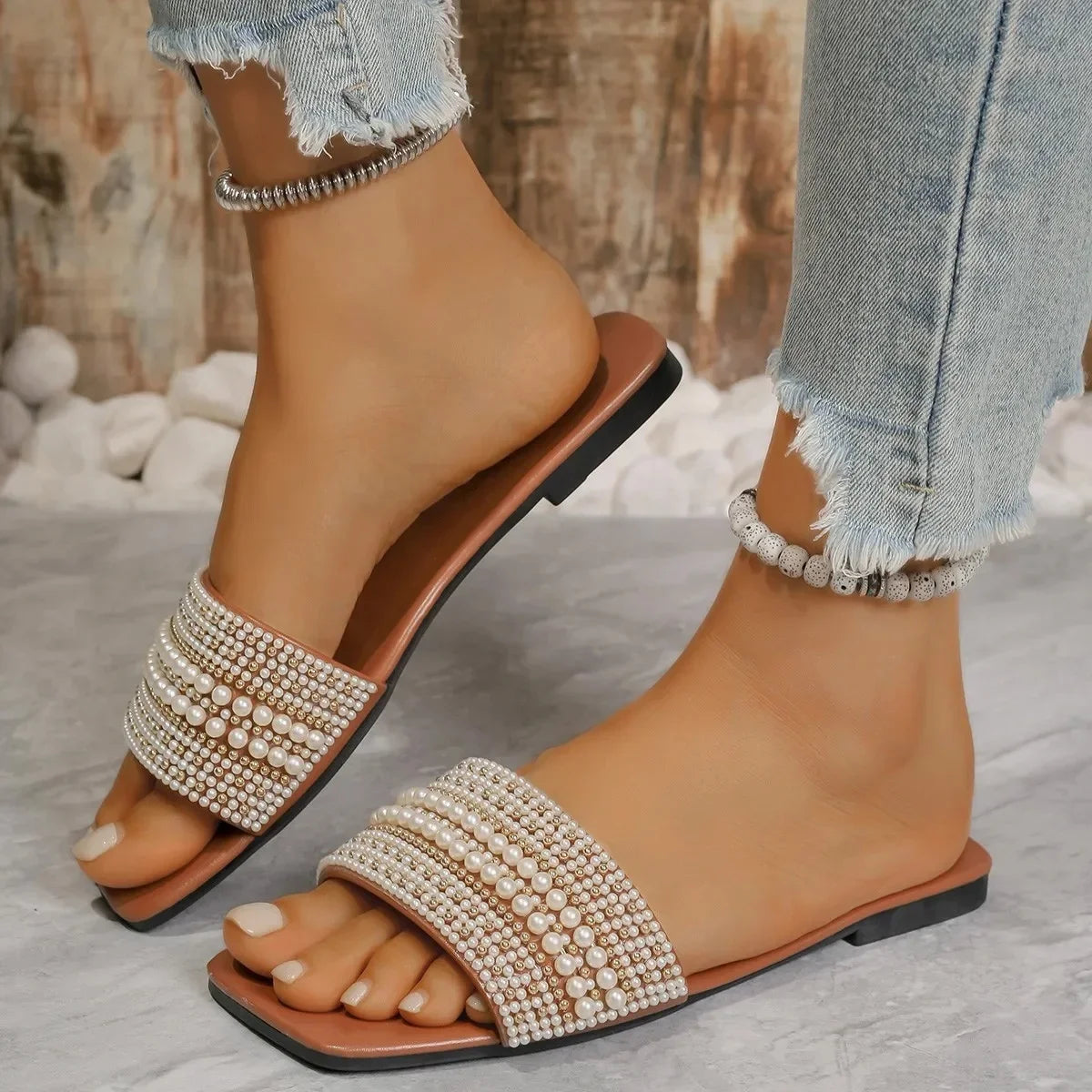 Beaded Rhinestone Square Toe Sandals
