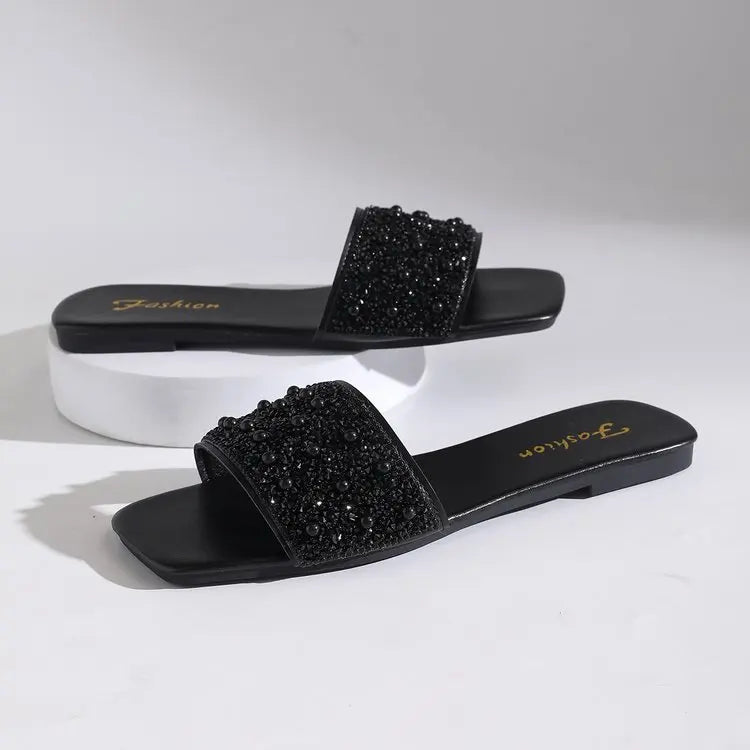 Black Beaded Flat Square Toe Sandals